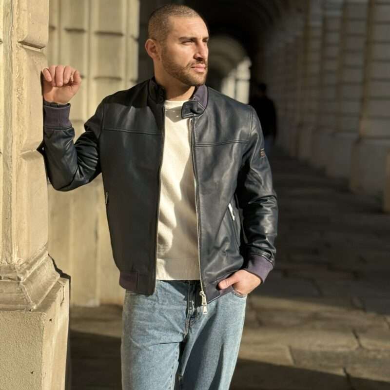 Giacca Bomber c/zip in Pelle di Agnello Uomo “Classic” Dark blue